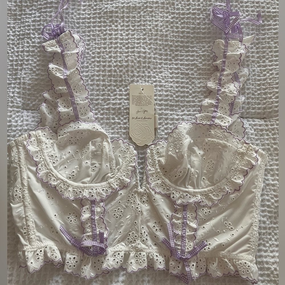 For Love & Lemons White Eyelet Bustier with Lavender Trim
